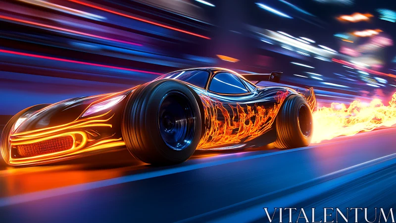 Rendered sports car travels on neon track with trailing flames