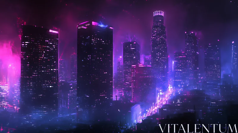 Neon soaked futuristic city skyline in vivid night glow.