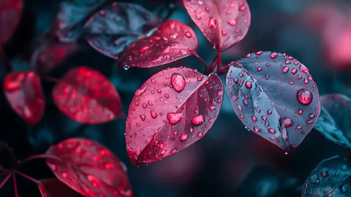 Glistening crimson leaves soaking in a quiet evening rain.