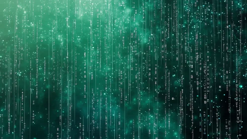 Vertical cyber data stream over nebular teal codefield matrix.