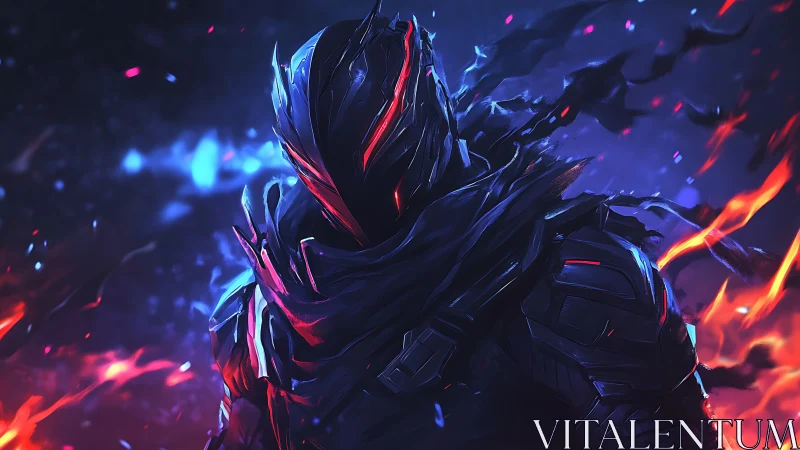 Shadowforged cyber knight amid neon embers and void.
