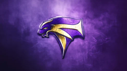 Purple and gold panther logo on textured smoke field.