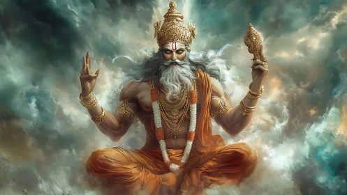 Radiant sky deity meditates in swirling celestial clouds