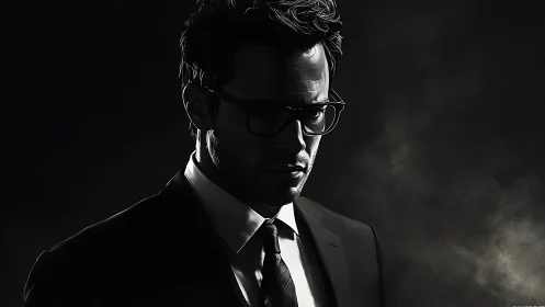Brooding businessman in noir lighting and drifting smoke.