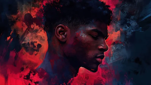 Profile portrait amid abstract red and blue brushstrokes.