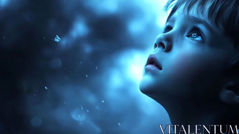 Child's Profile Against Luminous Blue Ethereal Light