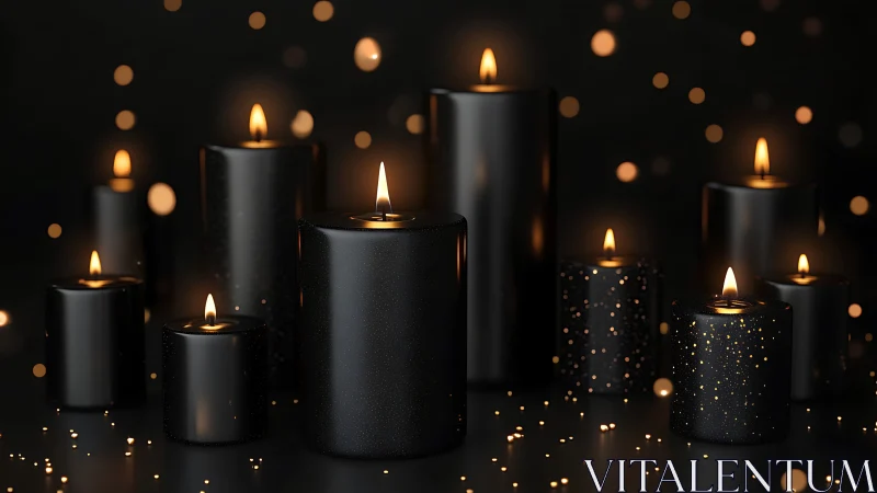 Black pillar candles glow softly amid warm bokeh lights