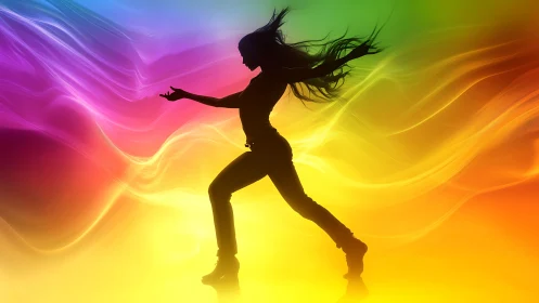 Silhouette dancer posed against flowing rainbow light field.