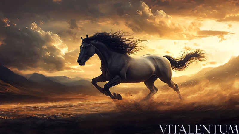Galloping stallion crossing fiery sunset desert plain.