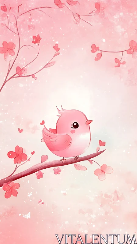 Delicate Pink Bird Perched Among Blooming Flowers