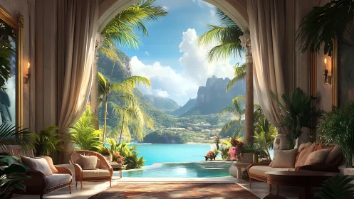 Luxe tropical veranda opening onto tranquil azure bay.