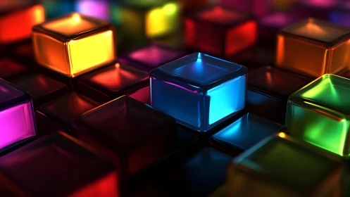 Luminous glass cubes form a grid of saturated colored blocks