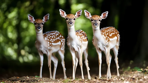 Three spotted fawns standing alert in forest clearing.