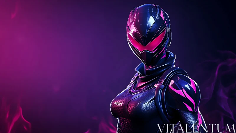 Helmeted sci fi warrior figure in purple neon lighting.