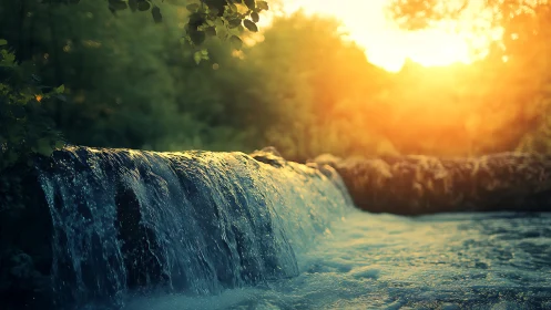 Tranquil Waterfall at Sunset with Soft Warm Light and Lush Greenery.