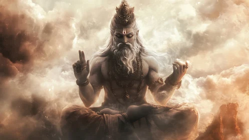 Seated robed figure meditates amid dense luminous cloud field