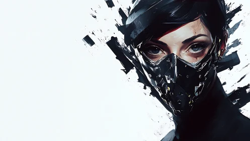 Maskborne sentinel in shattered strokes of monochrome steel.