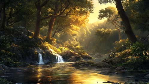 Sunlit Forest Stream with Cascading Waterfalls and Ancient Trees