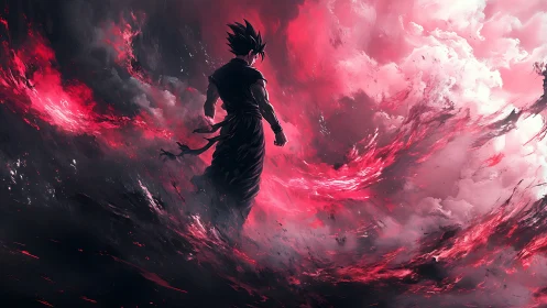 Lone anime warrior strides through swirling crimson storm