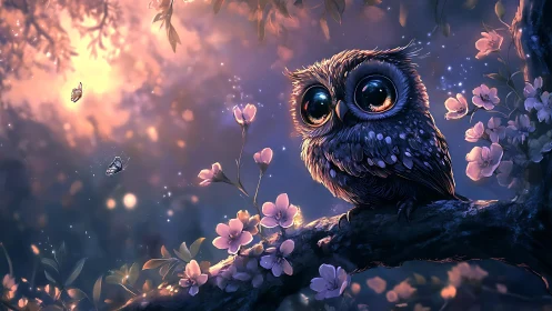 Adorable big-eyed owl on a branch in dreamy fantasy artwork.