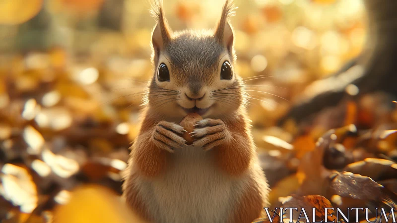 Digital squirrel holding nut amid blurred autumn foliage.