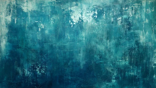 Abstract teal and blue textured painting with brushstroke patterns.