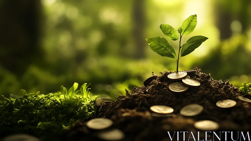 Photorealistic seedling on coins symbolizing sustainable growth.