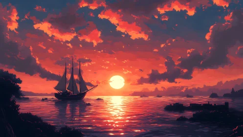 Sailing ship crosses vivid orange sea under blazing sunset sky