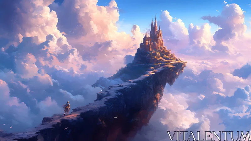 Lone traveler approaches a soaring castle above sunlit clouds