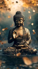Bronze seated Buddha statue with falling autumn leaves.