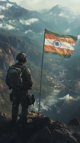 Indian soldier overlooks misty Himalayan valley at dawn.