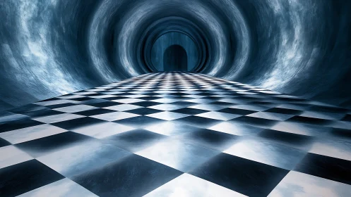 Chessboard corridor slides into a shimmering blue vortex