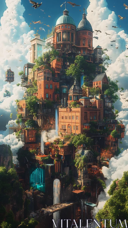 Vertical floating city tower with waterfalls and greenery.