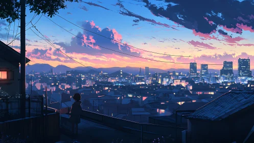 Girl watches illuminated city skyline at vibrant sunset
