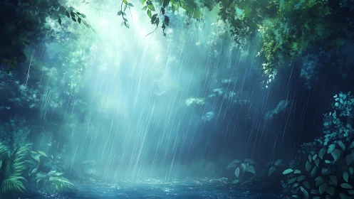 Rainfall through emerald forest canopy with bioluminescent atmospheric diffusion.