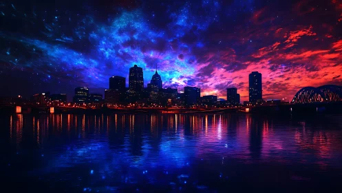Dreamy city skyline under a vibrant cosmic sunset sky.