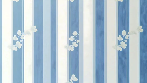 Vertical blue and white striped wallpaper with floral elements.