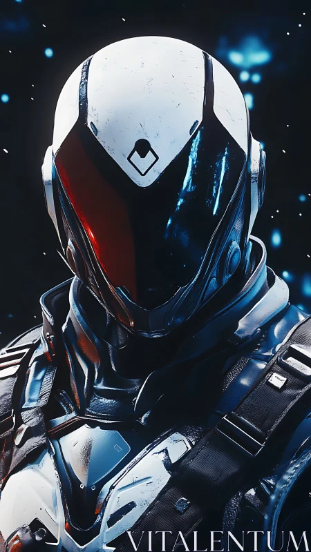 Armored sci fi sentinel stands ready in glowing starlit void