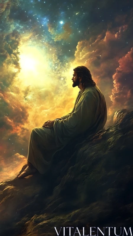 Contemplative robed figure on rocky ledge under luminous nebula