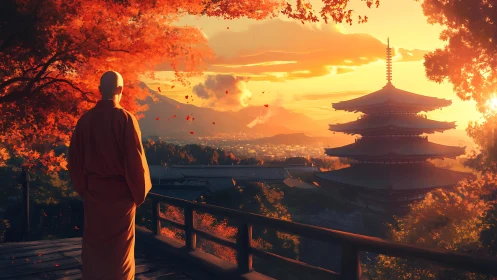 Monk overlooking tiered pagoda at sunset amid autumn foliage
