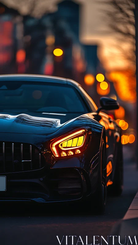 Sleek sports car glowing warmly in the soft city sunset.