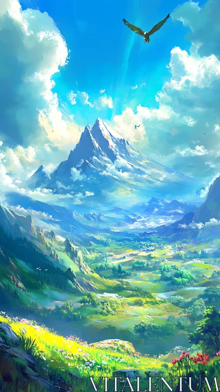 Digital painting landscape with alpine vista and soaring eagle.
