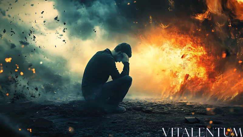 Solitary figure endures inner chaos amid erupting firestorm