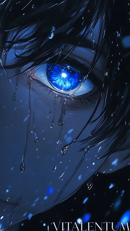 Wet close-up of glowing blue anime eye at night scene.