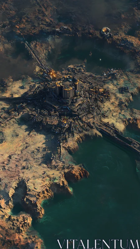 Futuristic coastal fortress above toxic green waters.