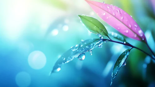 Vibrant leaves with dewdrops glow against soft bokeh background