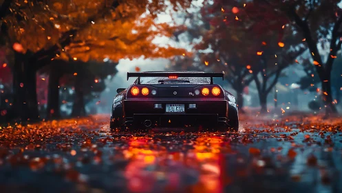 Rear view sports car on wet autumn street with foliage.