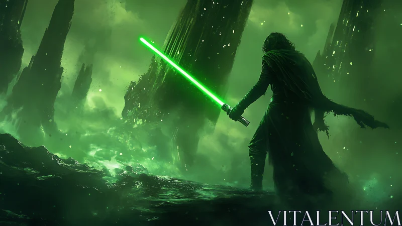 Cloaked warrior with green energy blade confronts jagged alien monoliths