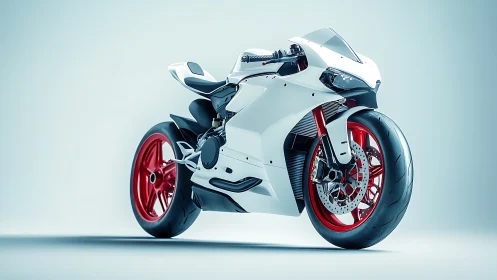 Futuristic white sport motorcycle with bold red wheels.