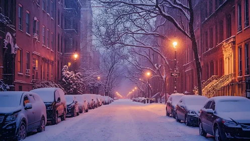 Snow-laden city street under warm winter lamplights at dusk.